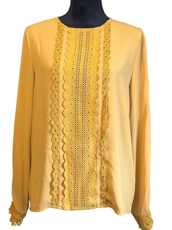 MOTF Tops - Vintage-Inspired Yellow Long Sleeve Blouse With Lace Detailing By Motf Womens Me